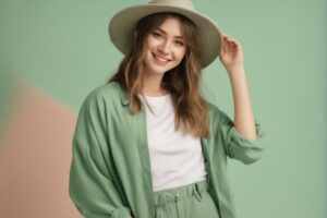 australian girl wearing trendy pantone green color clothes round hat