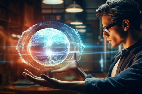 person projecting hologram from his mind real world futuristic place